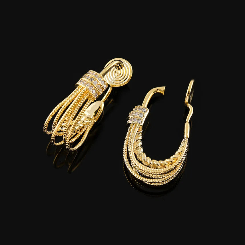 Luxury Gold Alloy Spiral Tassel Hoop Rhinestone Stud & Clip On No Piercing Statement Earrings