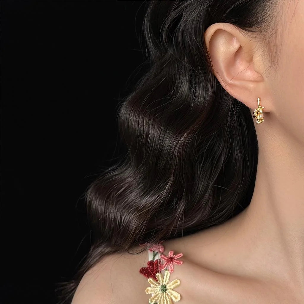 French Vintage Floral Zircon Stud Earrings Copper Dainty Flower Petal Jewelry