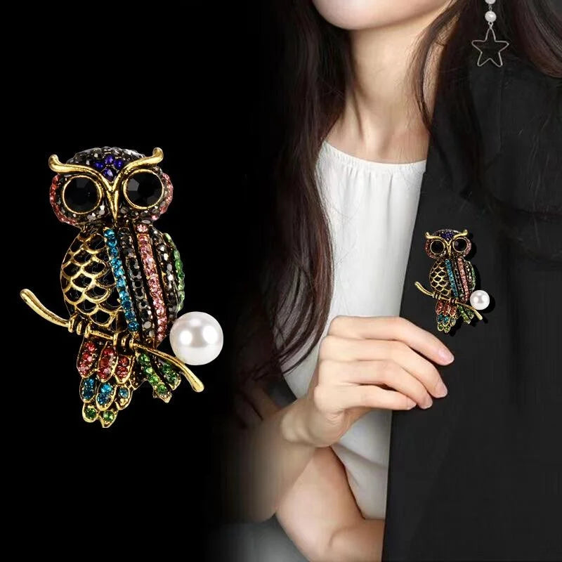Luxury Rhinestone Owl Brooch With Pearl Accent, Vintage Alloy Animal Lapel Pin For Suit Accessory Gift