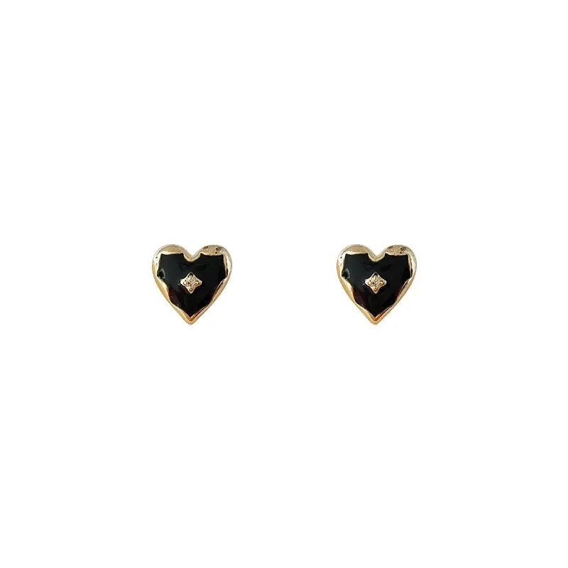 French Vintage Black Gold Heart Enamel Copper Stud Earrings, Light Luxury Hepburn Style