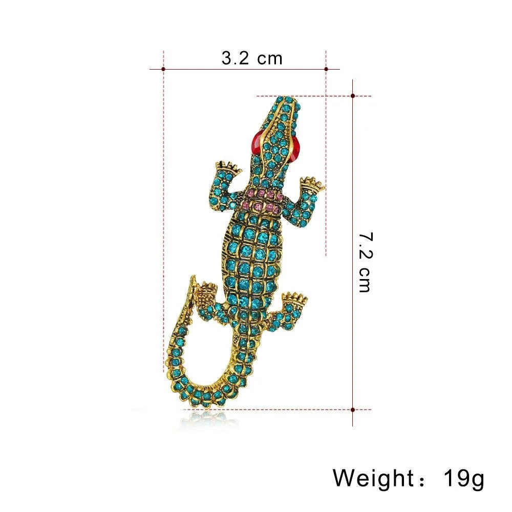 Luxury Blue Rhinestone Crocodile Brooch, Gold Tone Alloy Animal Lapel Pin Corsage Suit Accessory Gift