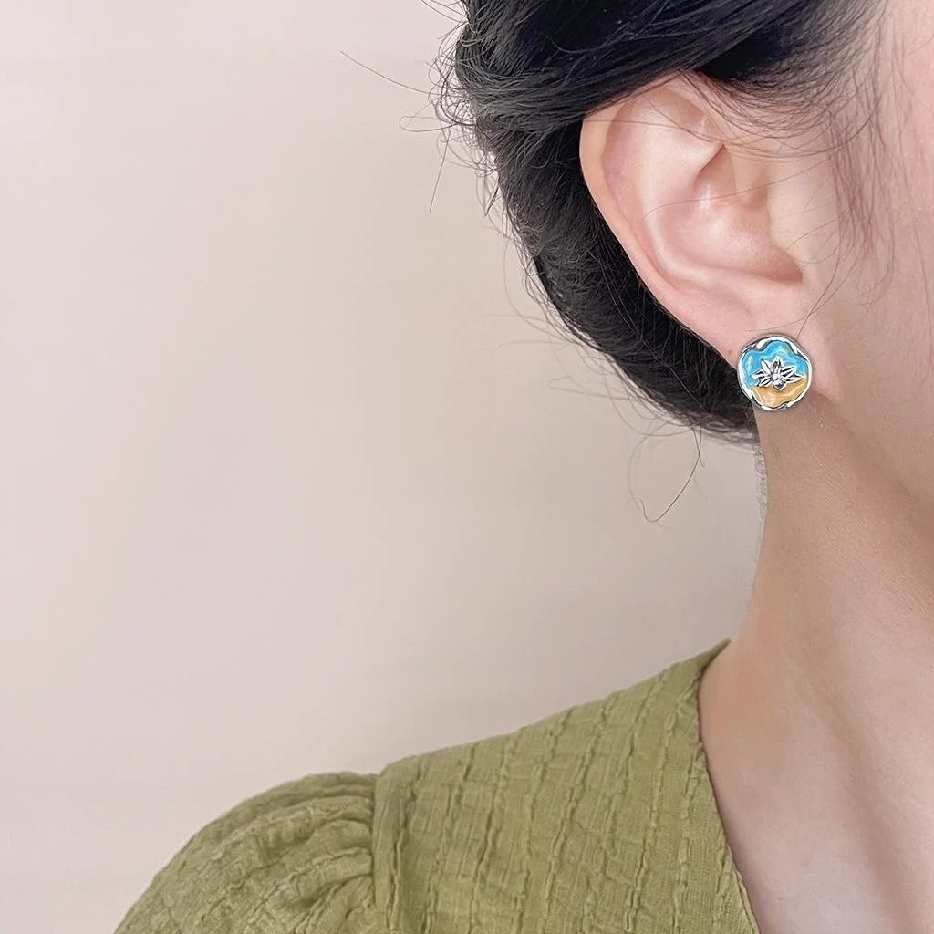 Vintage French Enamel Lotus Flower Copper Stud Earrings Irregular Geometric Jewelry