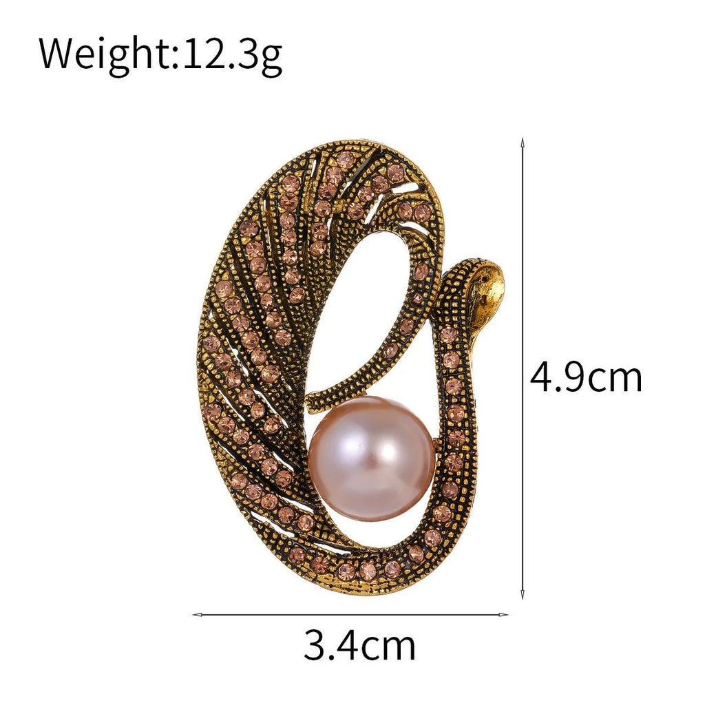 Vintage Gold Alloy Peacock Feather Brooch With Pearl And Champagne Rhinestones, Elegant Lapel Pin Gift