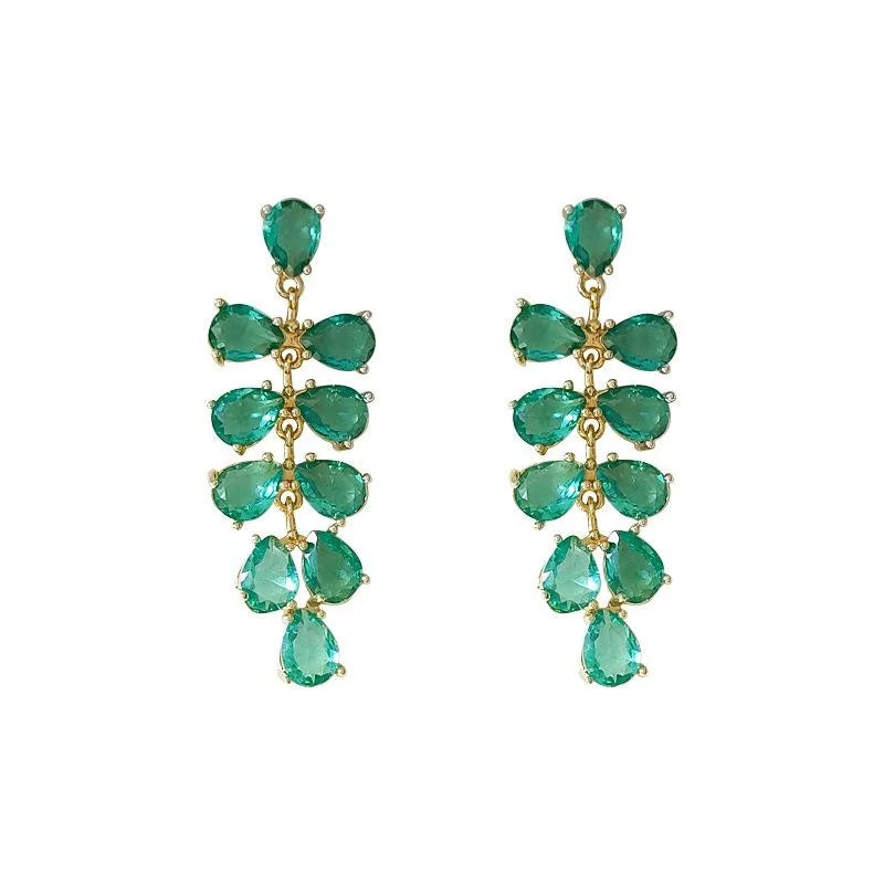 Light Luxury Copper Leaf Tassel Water Drop Zircon Micro Pave Stud Earrings