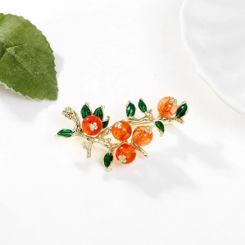 Vintage Persimmon Branch Brooch With Enamel Leaves And Rhinestones, Elegant Alloy Lapel Pin Suit Accessory