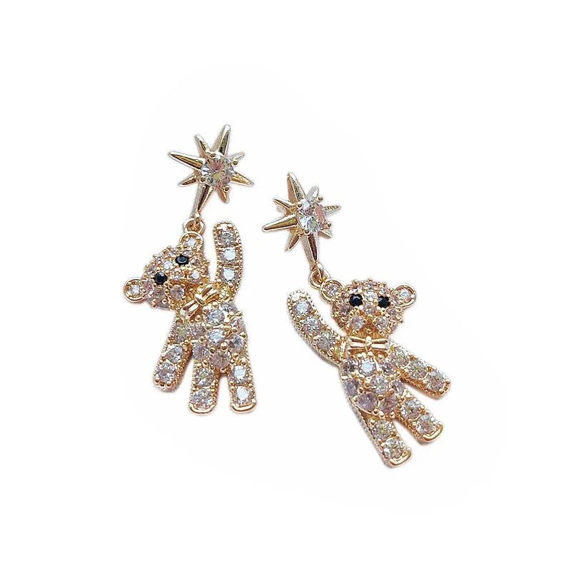 14K Gold Plated Copper Micro Pave Zircon Bear Stud Earrings For Women Luxury Minimalist Jewelry