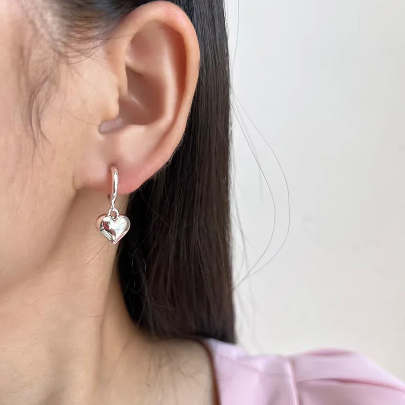 Elegant Smooth Silver Alloy Puffy Heart Drop Stud & Clip On No Piercing Versatile Fashion Earrings