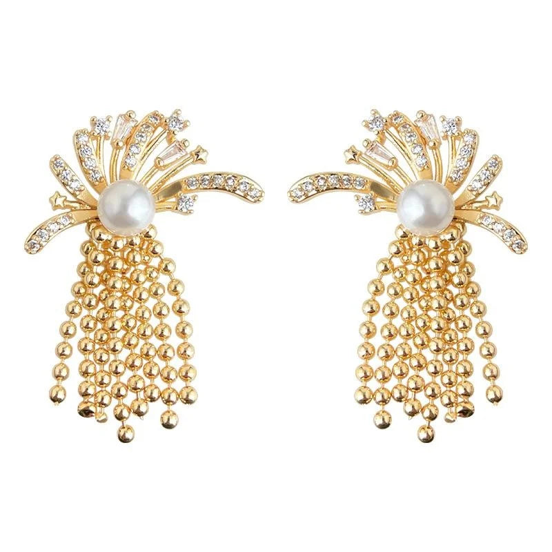 Old Money Micro Pave Zircon Firework Tassel Drop Earrings With Pearl