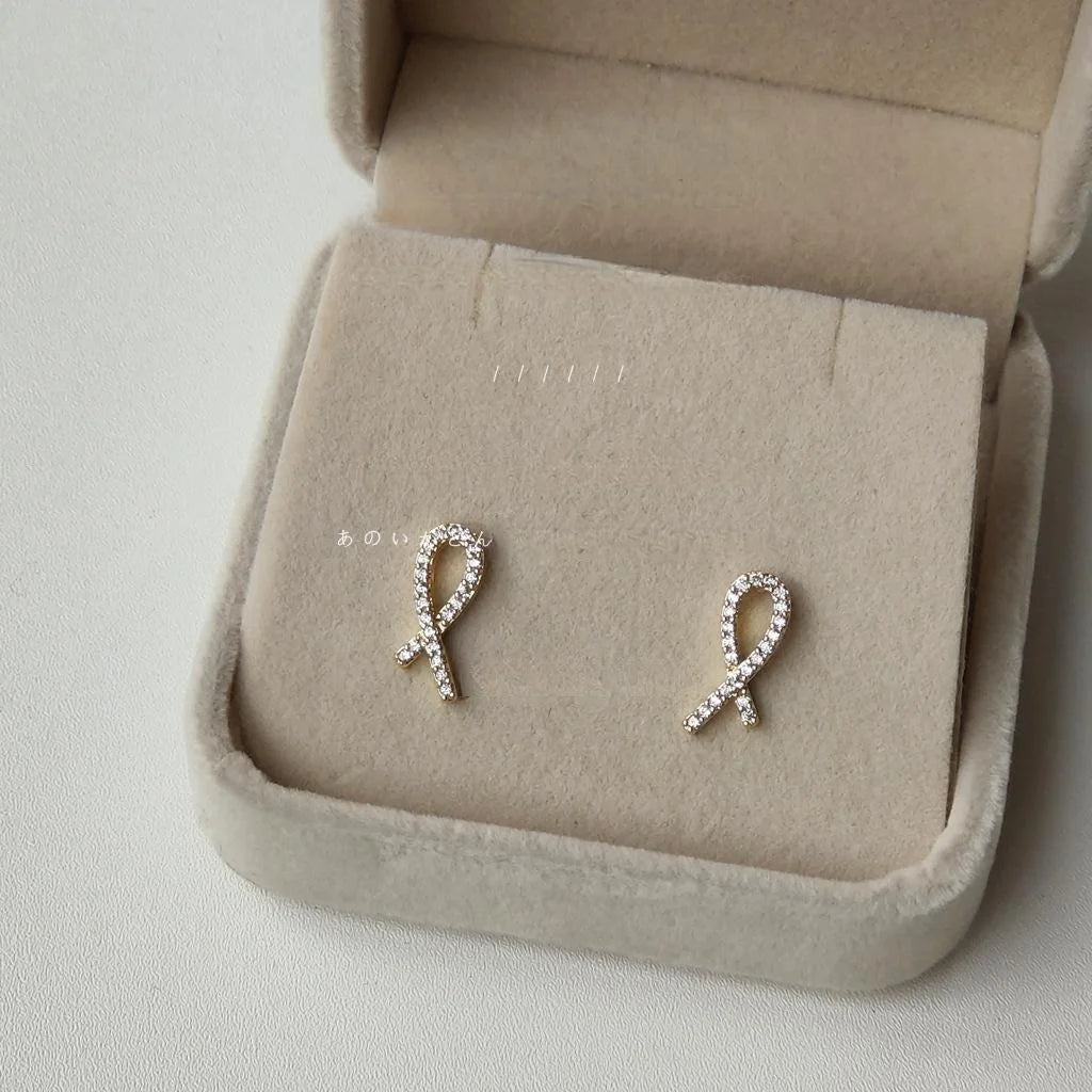 Minimalist Copper Zircon Micro Pave Bow Knot Geometric Stud Earrings For Women