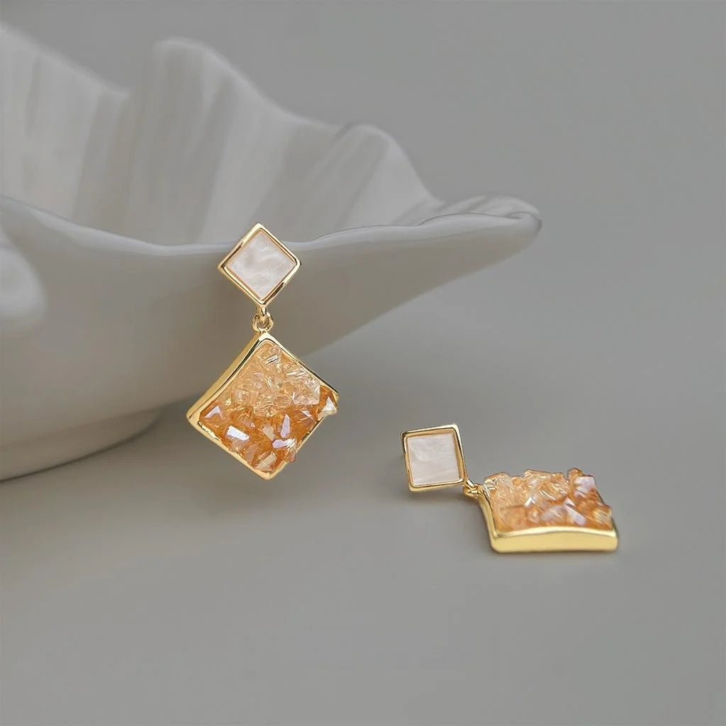 Gradient Orange Sea Glass Crystal Stud Earrings Eco-Friendly Copper Square Geometric Vacation Style