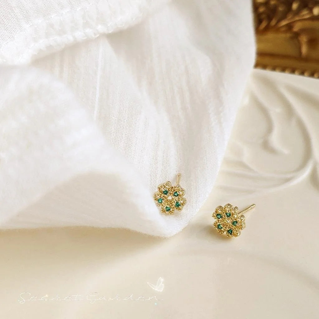 Mini Micro Pave Zircon Five Petal Flower Copper Stud Earrings With 14K Plated