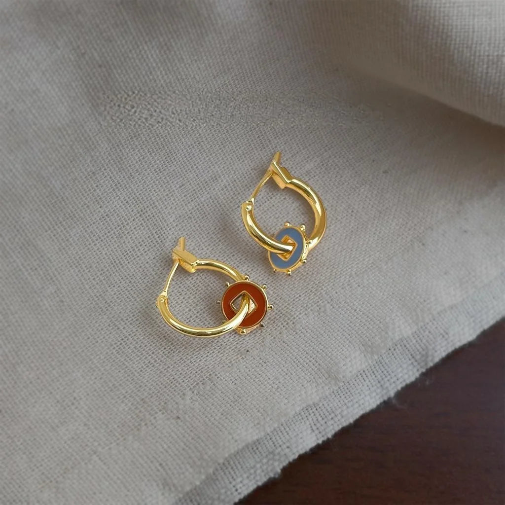 Light Luxury Asymmetric Copper Drip Glaze Geometric Circle Drop Earrings, New Chinese Style