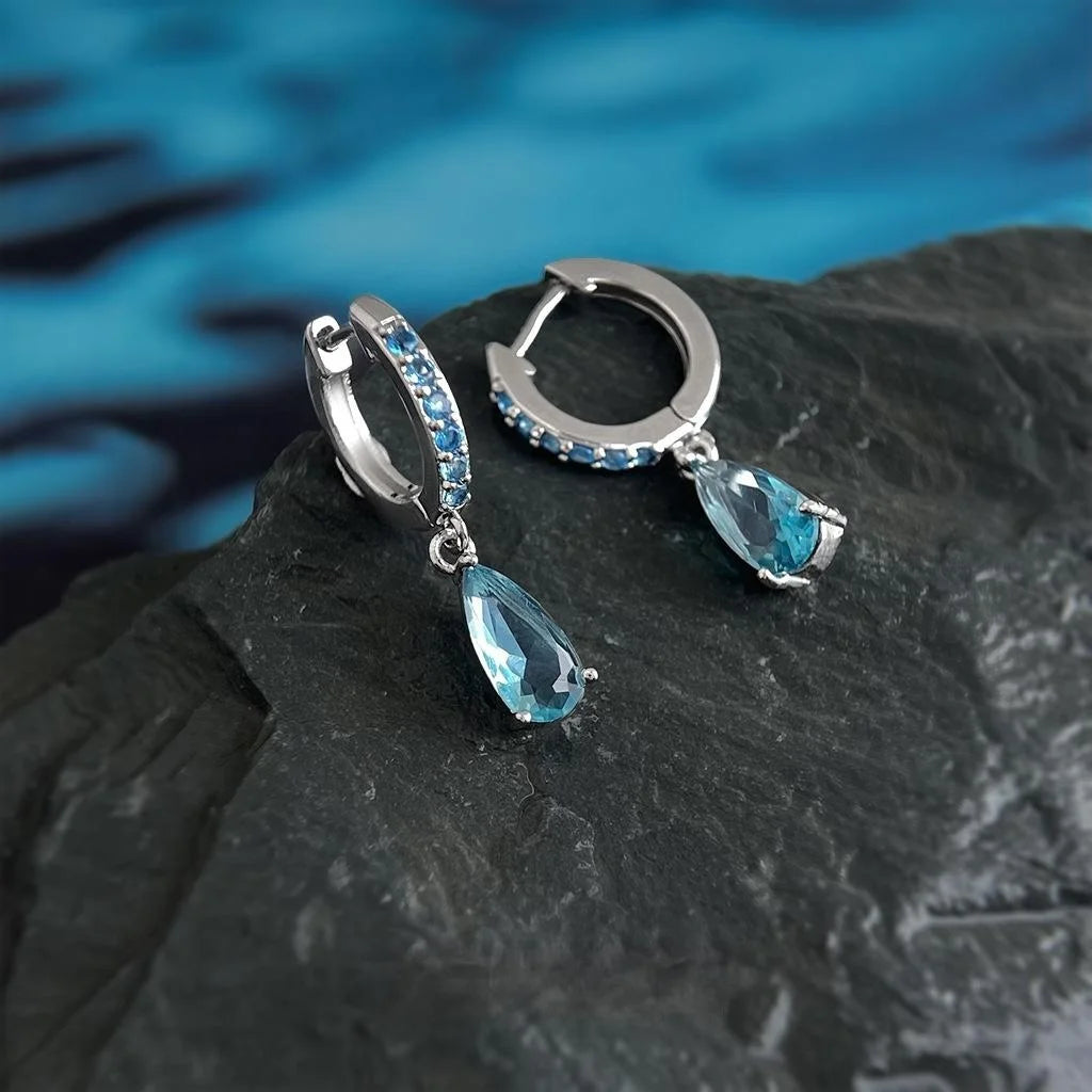 Light Luxury Aquamarine Teardrop Zircon Copper Geometric Round Drop Earrings