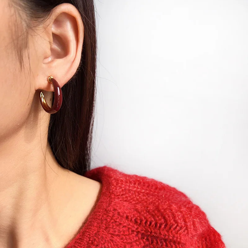 Vintage Dark Red Enamel C Hoop Alloy Stud & Clip On No Piercing Spiral Disc Women's Earrings