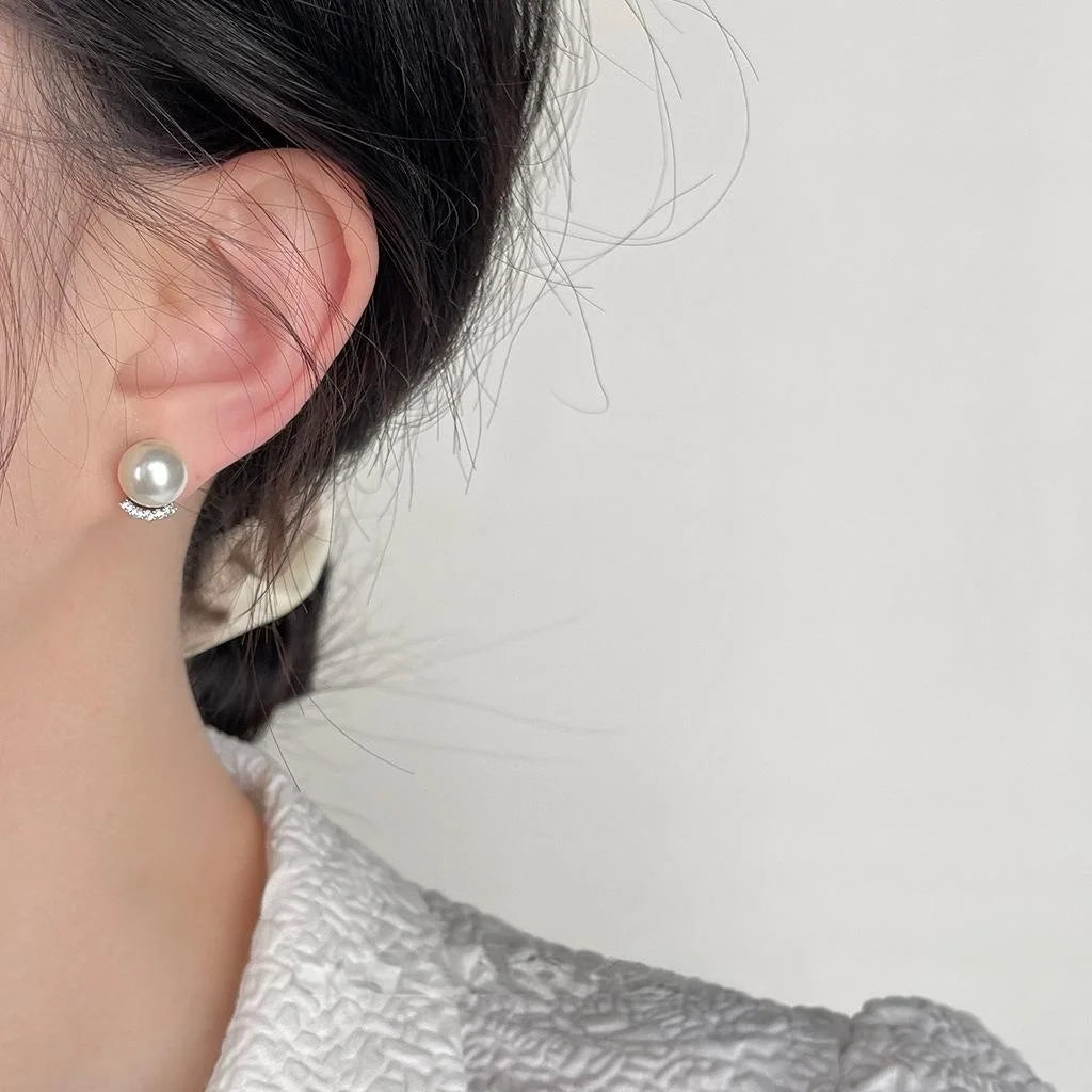 Elegant Glass Pearl Stud Earrings With Micro Pave Zircon Geometric Ball Minimalist Design