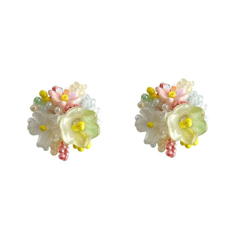 Romantic Colorful Resin Beaded Hydrangea Flower Stud Earrings Sweet Cute Dopamine Style
