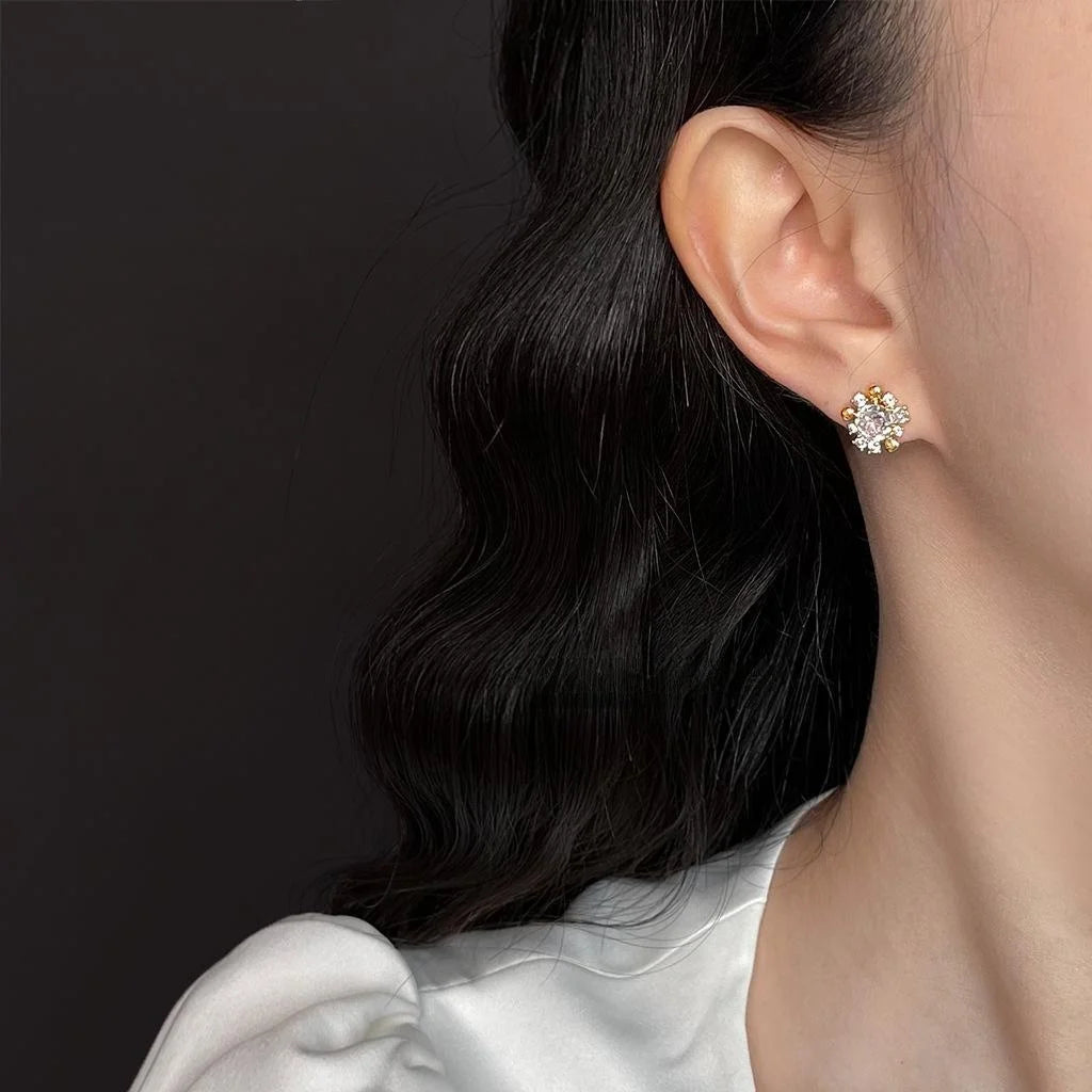 14K Gold Plated Copper Zircon Flower Petal Geometric Stud Earrings Light Luxury Micro Pave Jewelry