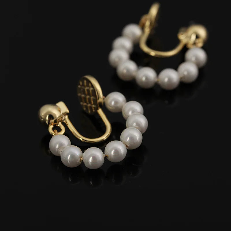 Elegant Shell Pearl Hoop Drop Stud & Clip On No Piercing Gold Alloy French Luxury Earrings
