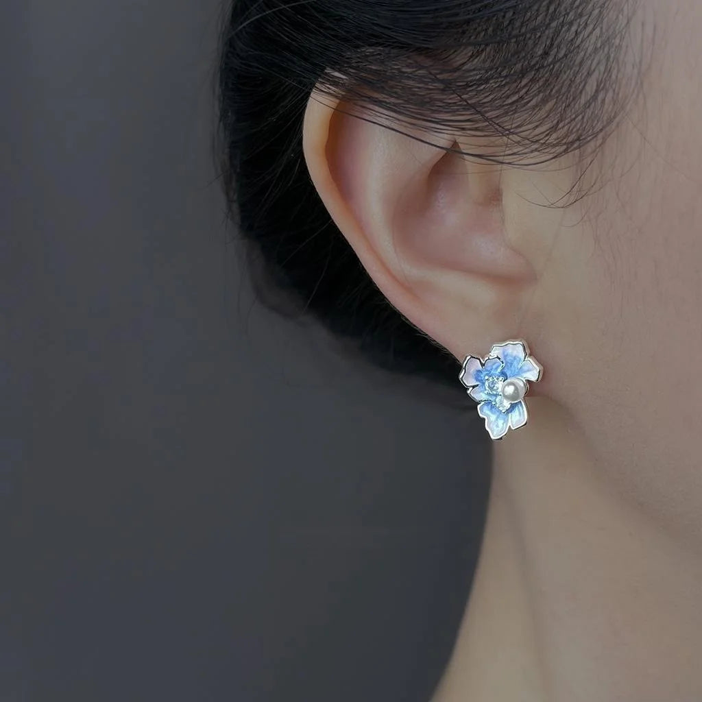 Luxury Iris Flower Stud Earrings, Silver Plated Copper Zircon Enamel Pearl Floral Jewelry