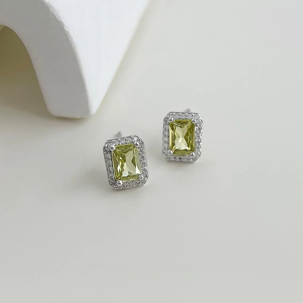 Olive Green Square Geometric Micro Pave Zircon Copper Stud Earrings For Women, Premium Minimalist Style
