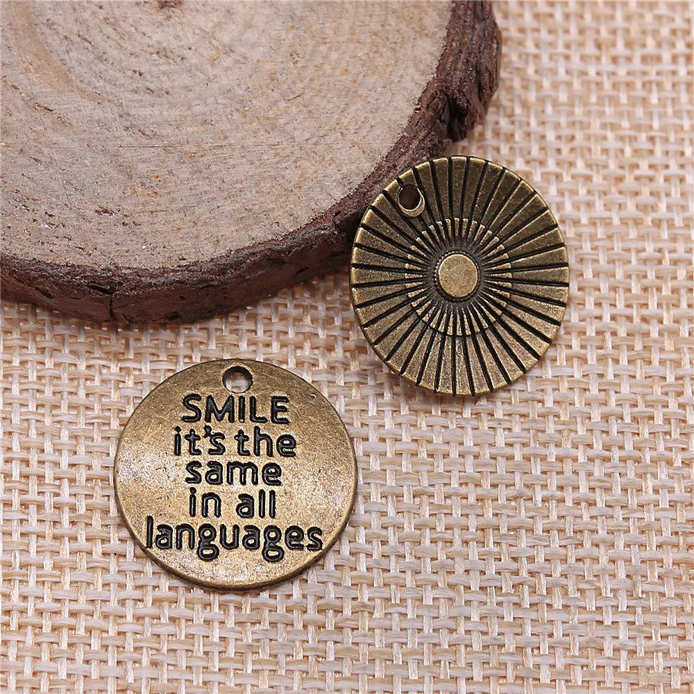 20mm 1.8g Zinc Alloy Smile Is The Same In All Languages Round Letter Charm Pendant for DIY Jewelry Making