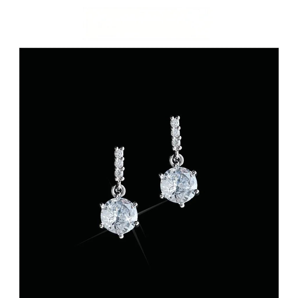 Light Luxury Geometric Round Zircon Micro Pave Silver Plated Pin Drop Earrings For Women