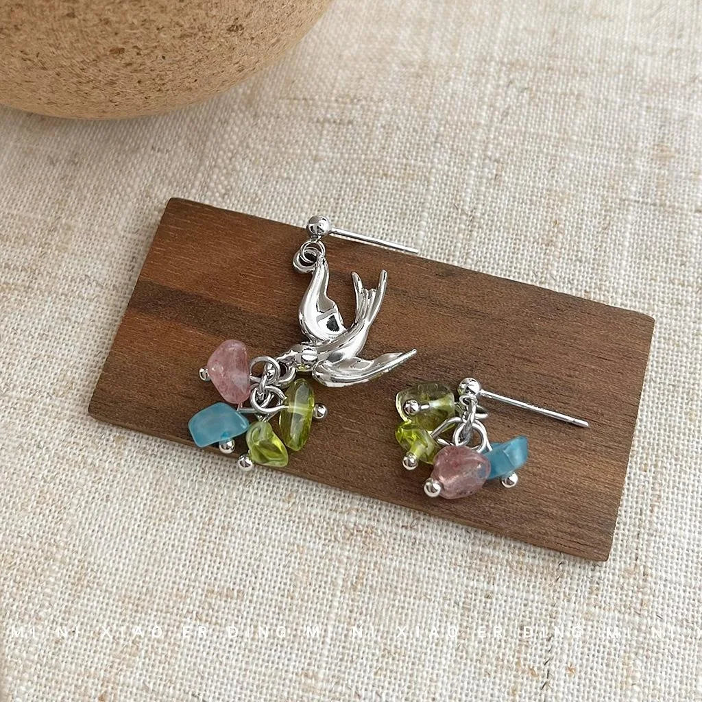 Forest Style Natural Strawberry Quartz Asymmetric Bird Drop Earrings Original Jewelry