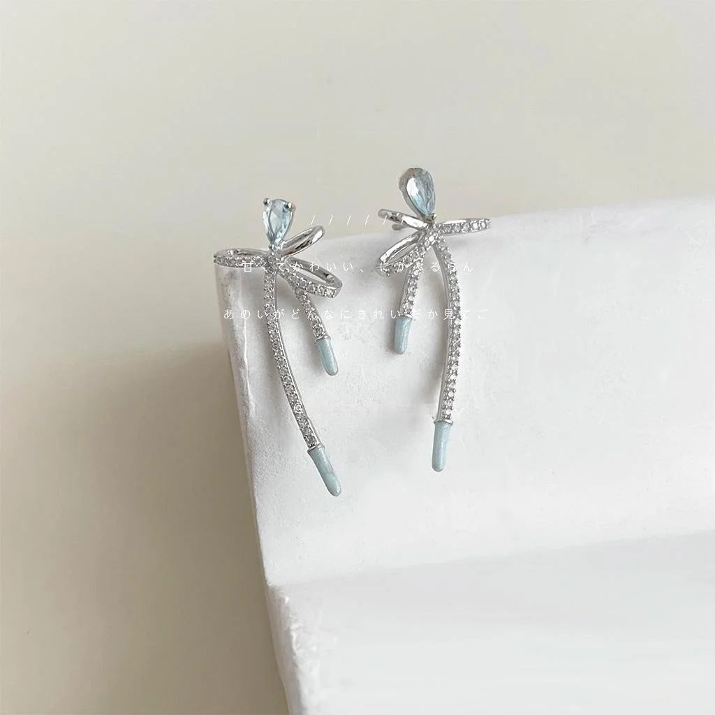 Original Design Sea Blue Zircon Micro Pave Bowknot Copper Long Drop Earrings Sweet Elegant Jewelry