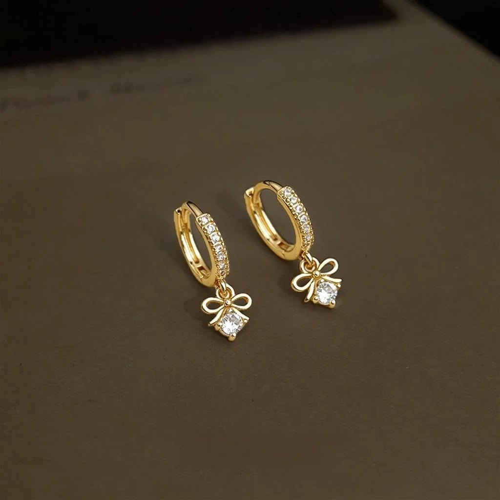 14K Gold Plated Copper Zircon Bow Drop Earrings Elegant Minimalist Versatile Jewelry