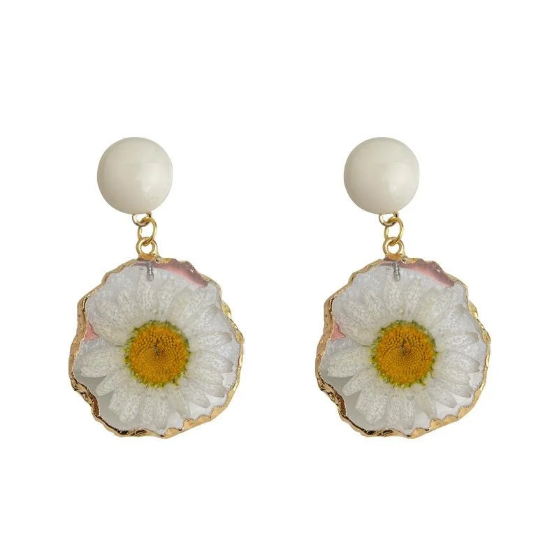 Summer Vacation Style Natural Dried Daisy Flower Drop Earrings Fresh Sweet Floral Petal Jewelry