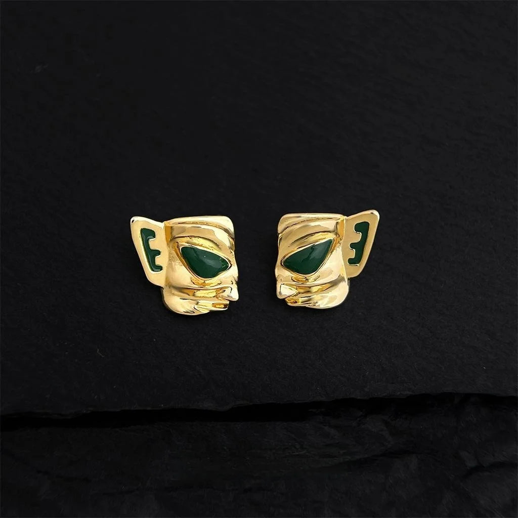 French Vintage Mask Copper Enamel Stud Earrings With Silver Plated Pins Niche Geometric Style