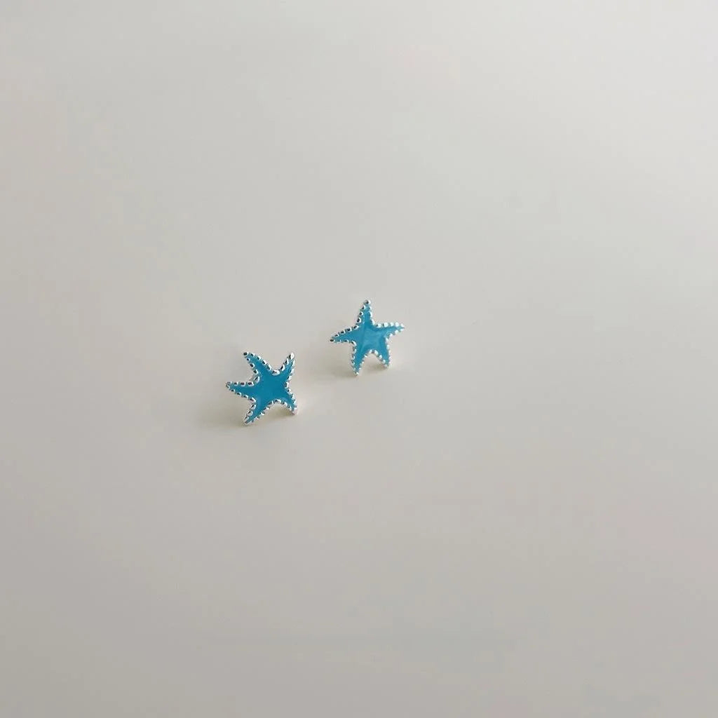Mini Blue Starfish Copper Stud Earrings Cute Sweet Minimalist Commuter Jewelry For Women
