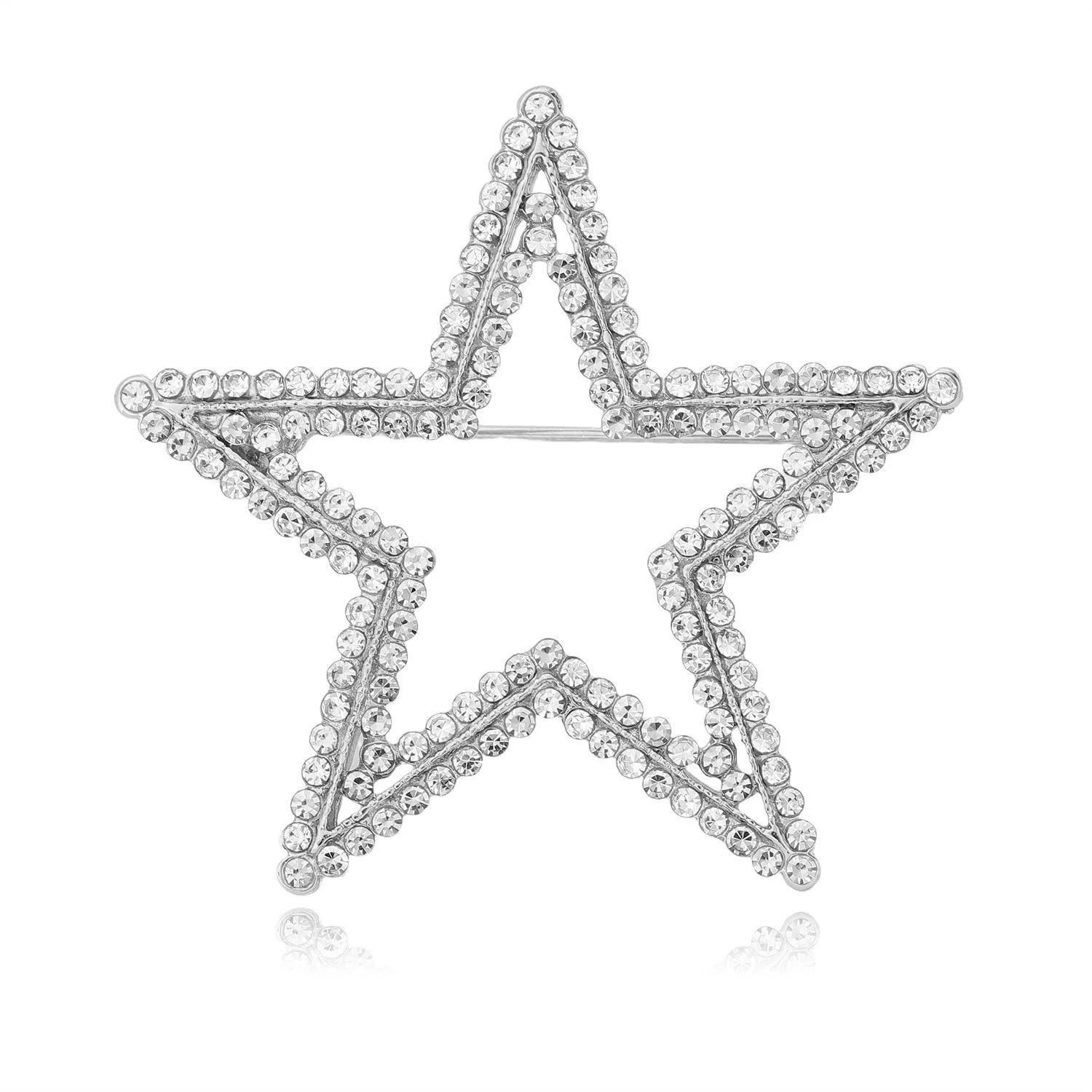 Elegant Hollow Five Point Star Rhinestone Brooch, Silver Alloy Lapel Pin Corsage Suit Accessory Gift