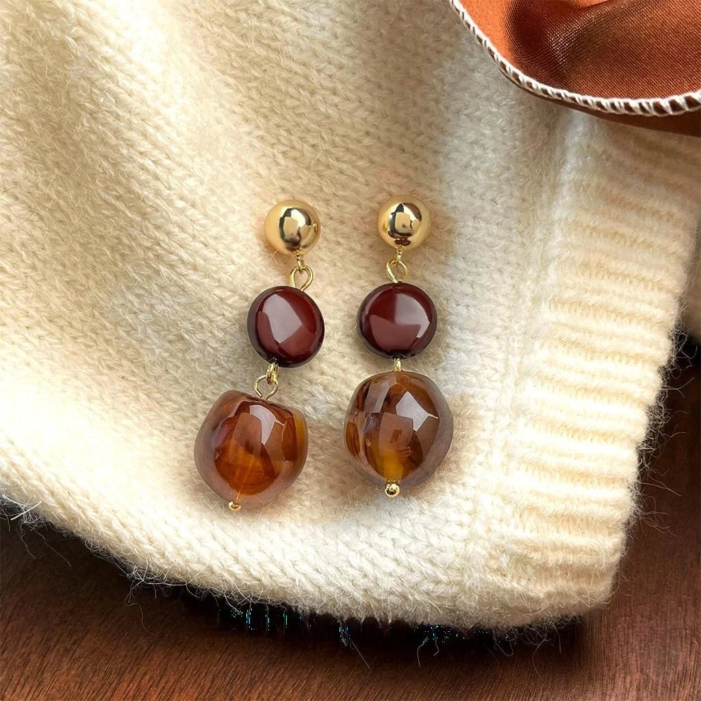 Vintage Maillard Copper Resin Irregular Geometric Tassel Drop Earrings With 14K Plated