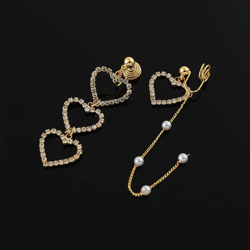 Elegant Alloy Rhinestone Heart Pearl Long Tassel Stud & Clip On No Piercing Asymmetric Drop Earrings