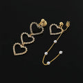 Elegant Alloy Rhinestone Heart Pearl Long Tassel Stud & Clip On No Piercing Asymmetric Drop Earrings