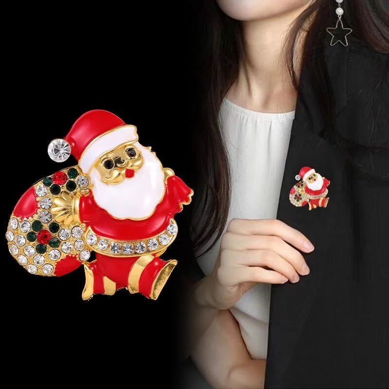 Cute Enamel Santa Claus Gift Bag Brooch With Rhinestones, Christmas Lapel Pin Holiday Suit Accessory