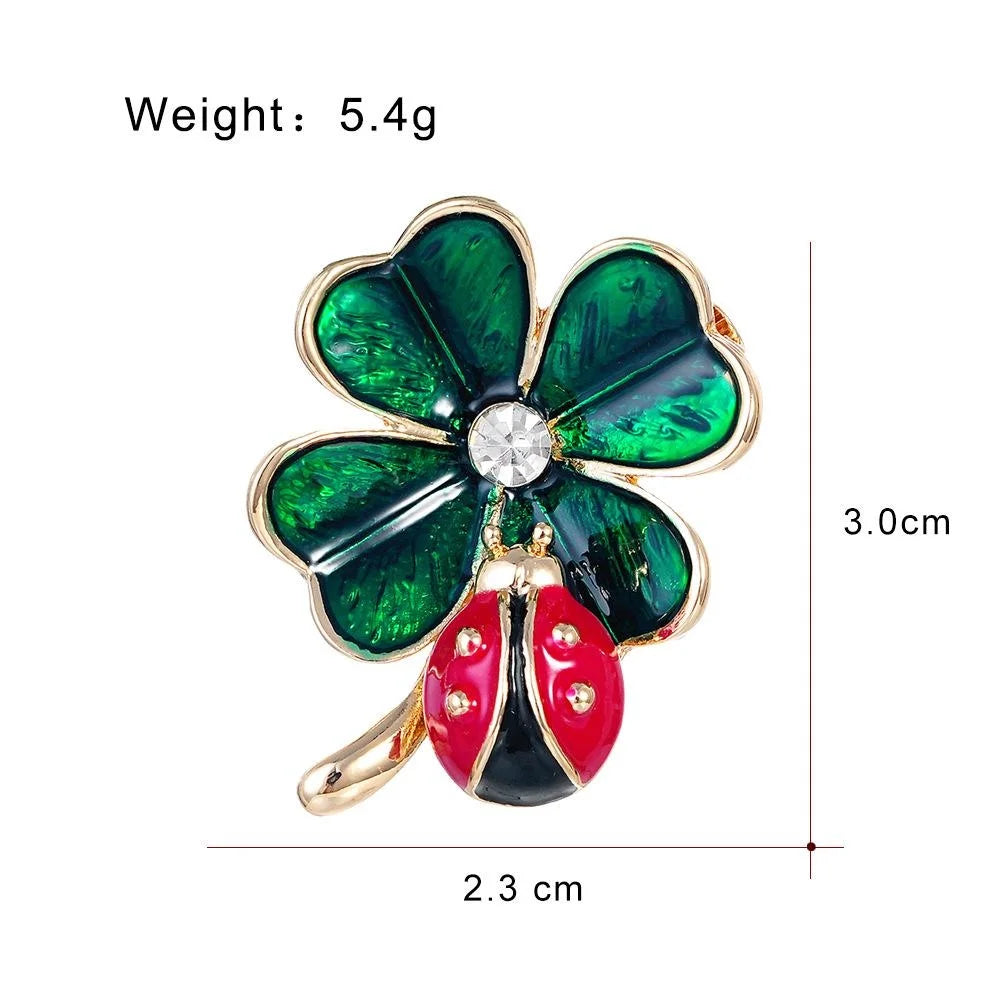 Cute Enamel Ladybug On Four Leaf Clover Brooch With Rhinestone, Lucky Lapel Pin Corsage Gift
