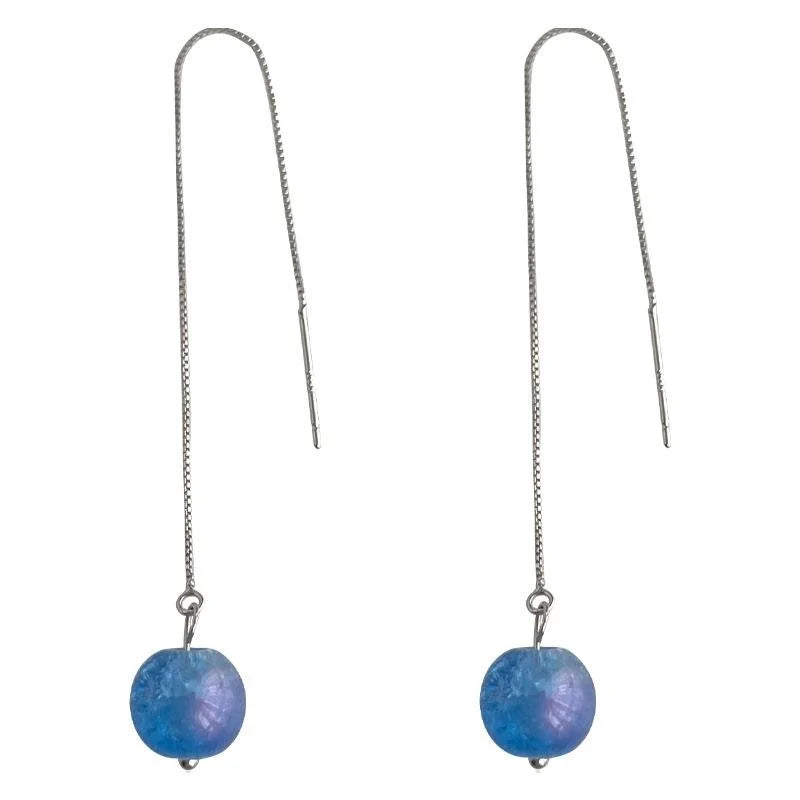 Blue Planet Glass Crushed Ice Long Tassel Ear Thread Drop Earrings Geometric Fresh Style