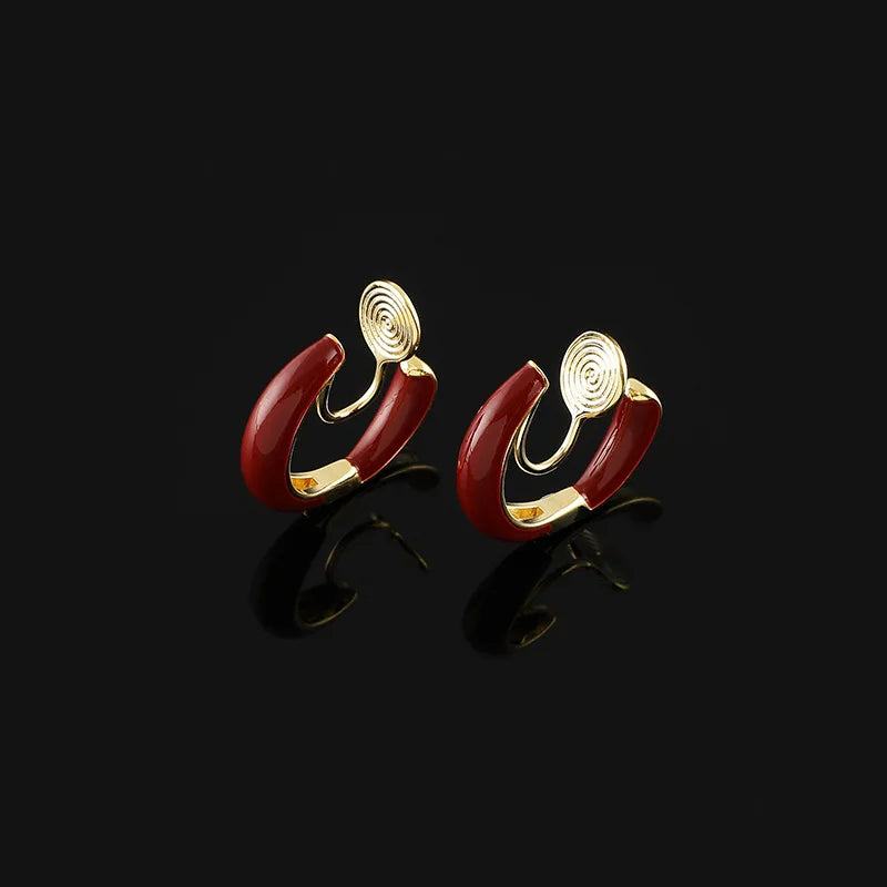 Elegant Red Enamel C-Shaped Hoop Alloy Stud & Clip On No Piercing Spiral Ear Cuff Women's Earrings