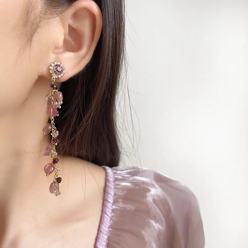 Luxury Pink Natural Stone Rhinestone Long Chain Tassel Stud & Clip On No Piercing Earrings