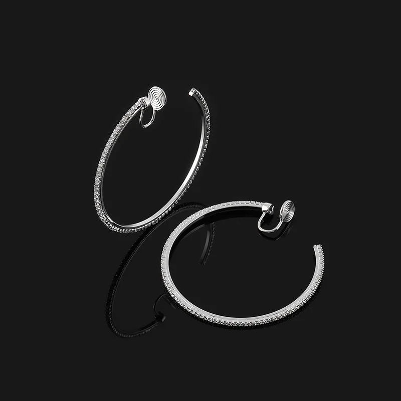 Luxury Rhinestone Big Hoop Spiral Coil Stud & Clip On No Piercing Statement Circle Earrings