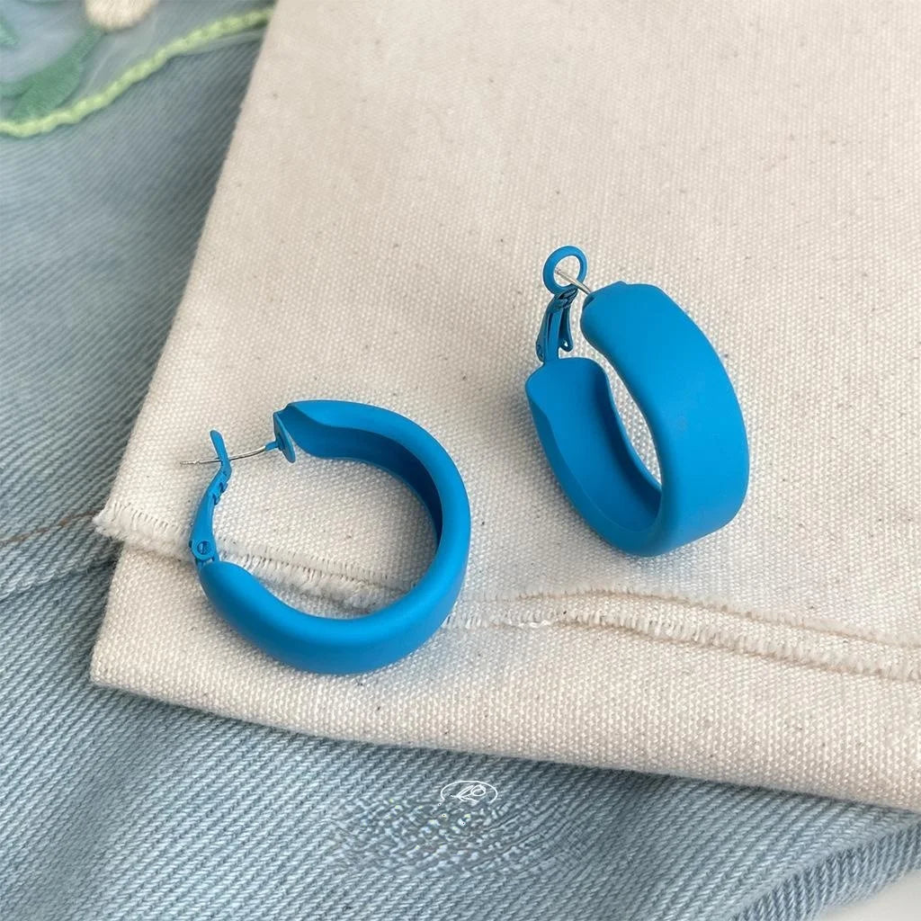 Haze Blue Enamel Round Hoop Drop Earrings Copper Vacation Style Jewelry