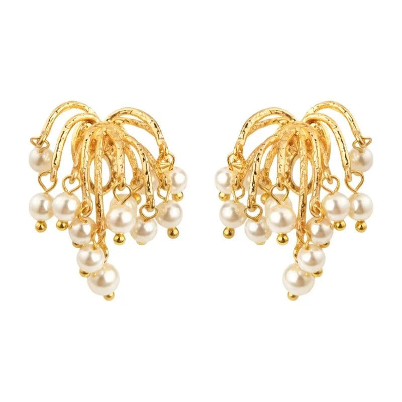French Vintage Firework Tassel Pearl Drop Earrings For Women