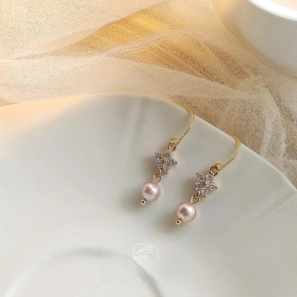 14K Gold Plated Copper Freshwater Pearl Zircon Flower Drop Earrings Elegant French Style