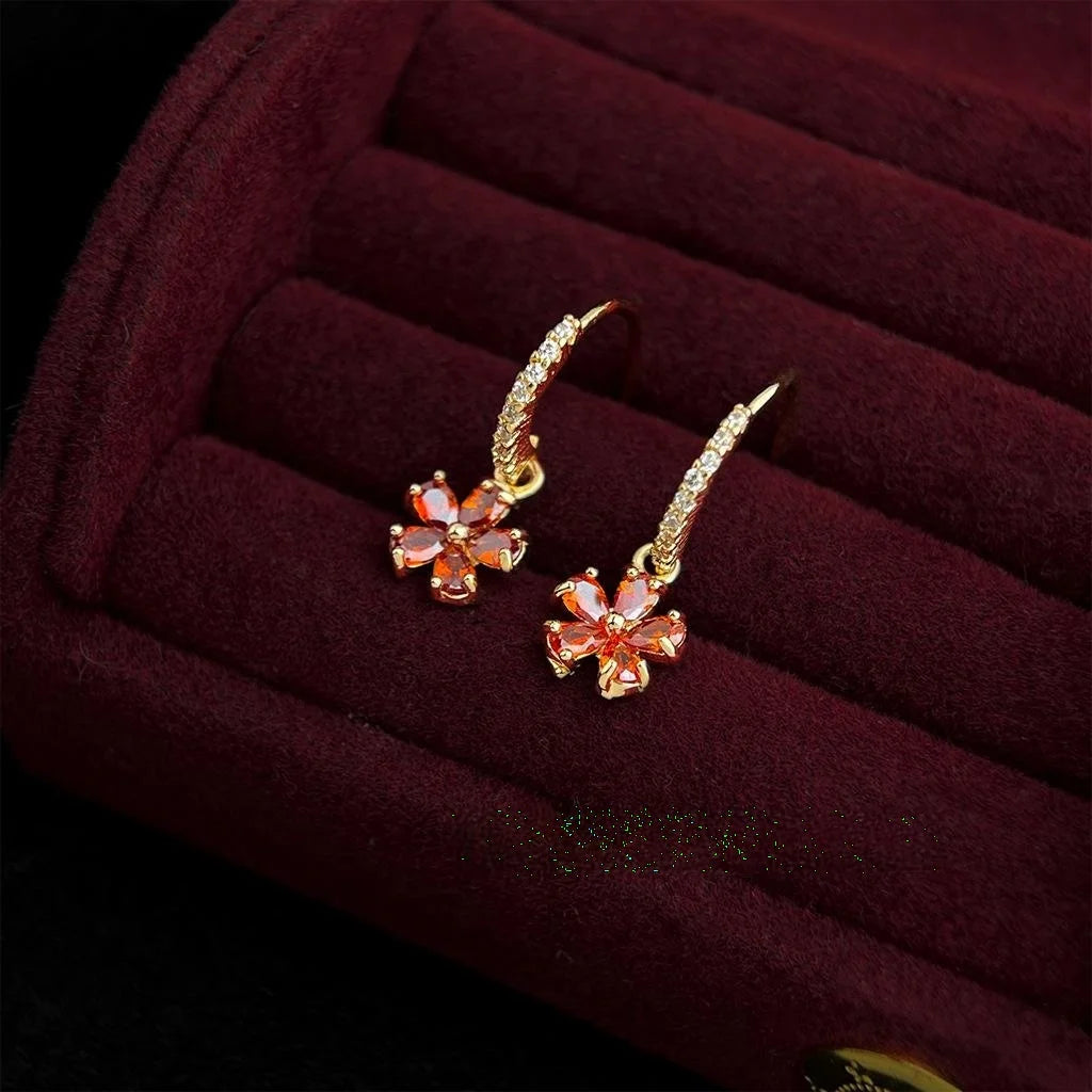 Light Luxury Micro Pave Garnet Red Zircon Plum Blossom Copper Drop Earrings For Women
