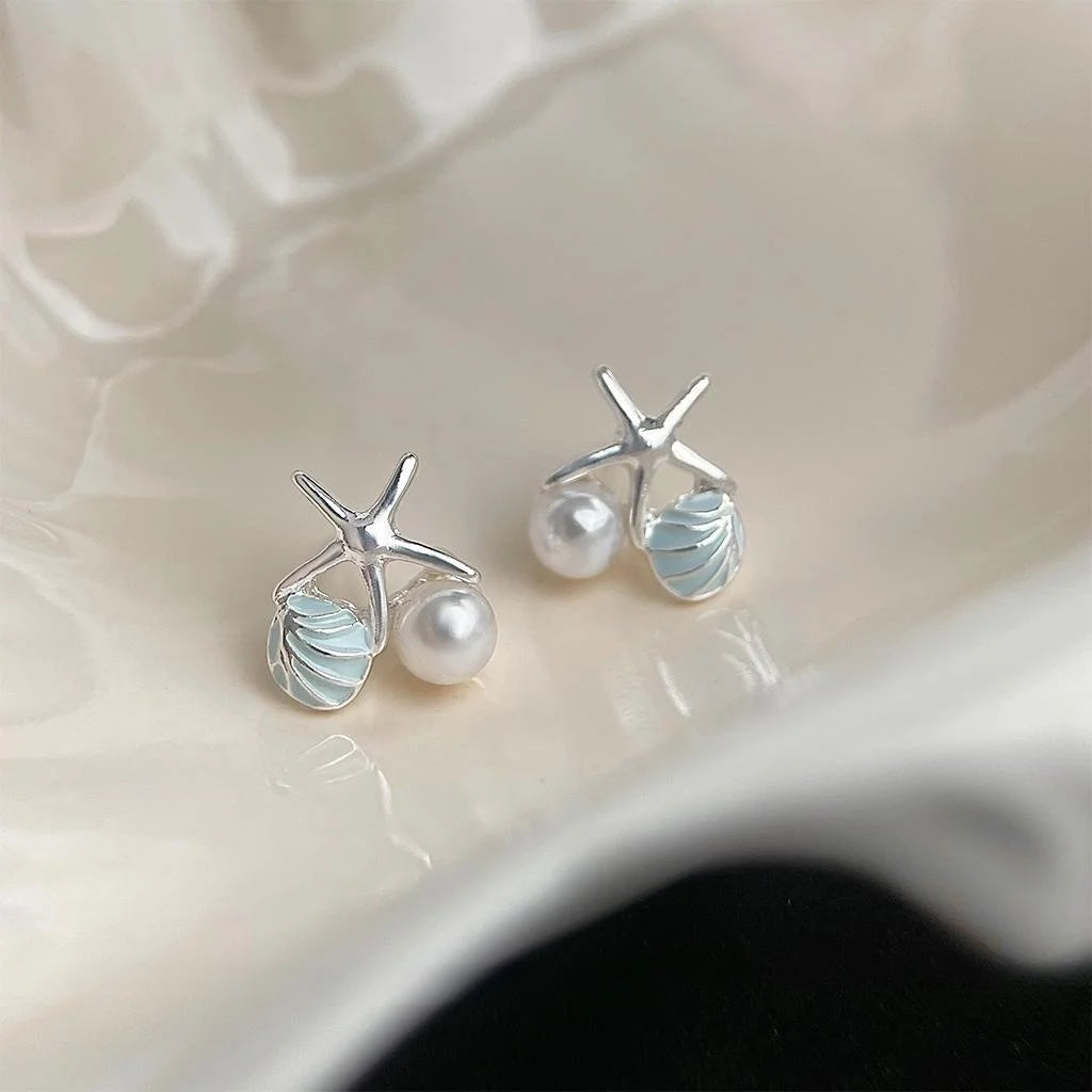 Fresh Sweet Ocean Style Copper Stud Earrings With Pearl Shell Starfish Silver Plated Posts
