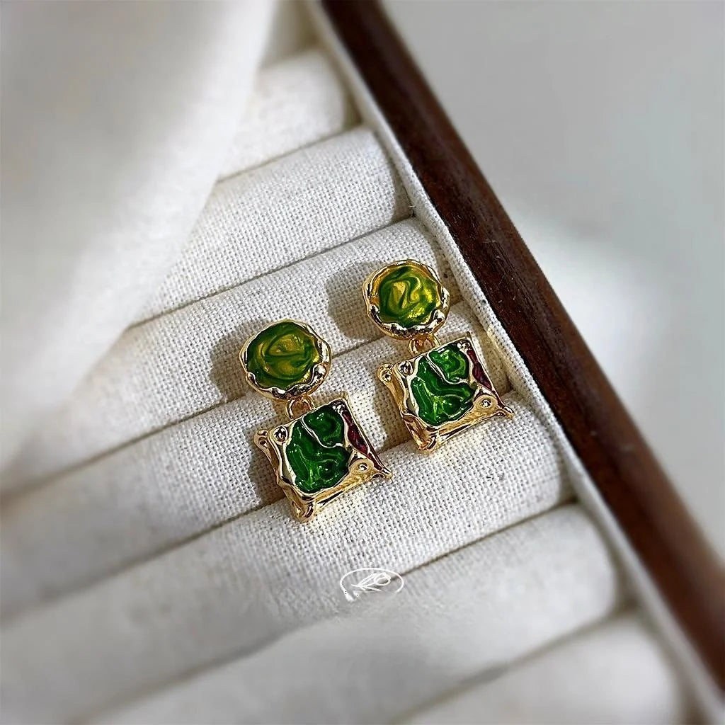 New Chinese Vintage Green Enamel Irregular Geometric Metal Drop Earrings