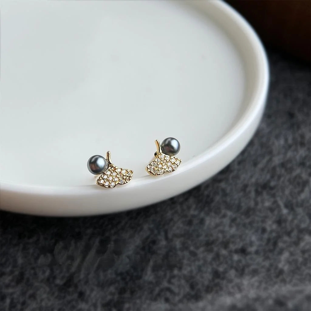 Light Luxury Mini Ginkgo Leaf Stud Earrings With Zircon And Glass Pearl Copper Jewelry