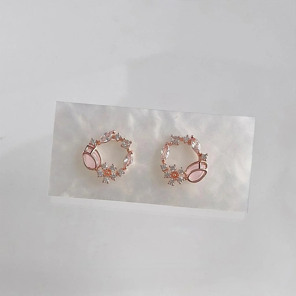 Sweet Rose Gold Floral Wreath Stud Earrings With Glass Cat Eye Stone And Micro Pave Zircon